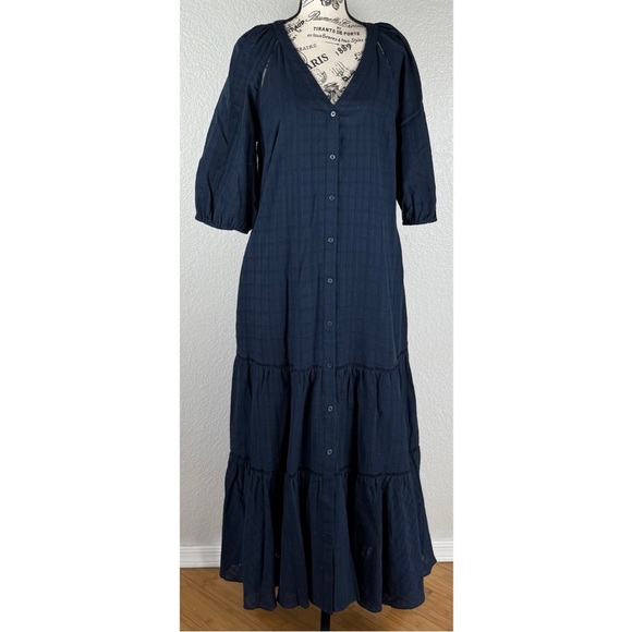 Madewell NWT Tie-Waist Tiered Midi Dress in Windowpane Windpane Navy, size 12 - Picture 8 of 16